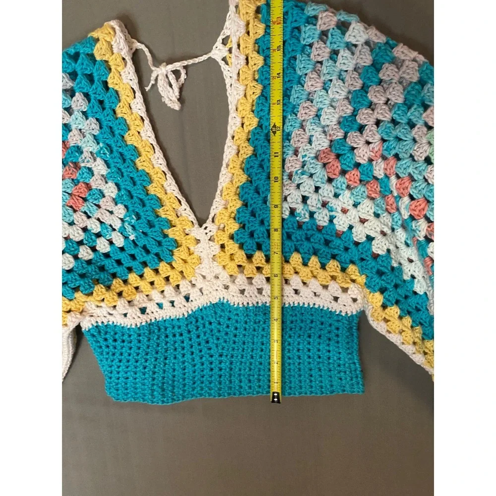 Handmade Crochet Granny Square Crop Top Bell Sleeve V-Neck Boho Turquoise Yellow